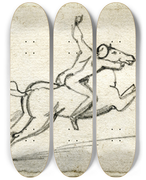 Triptych art skateboard deck of David Humbert De Superville Man Zich Vastklampend Aan Steigerend Paard_2 by David Humbert De Superville (1770-1849)