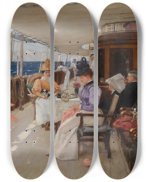 Triptych art skateboard deck of Henri Gervex Yachting In The Archipelago by Henri Gervex (1852-1929)
