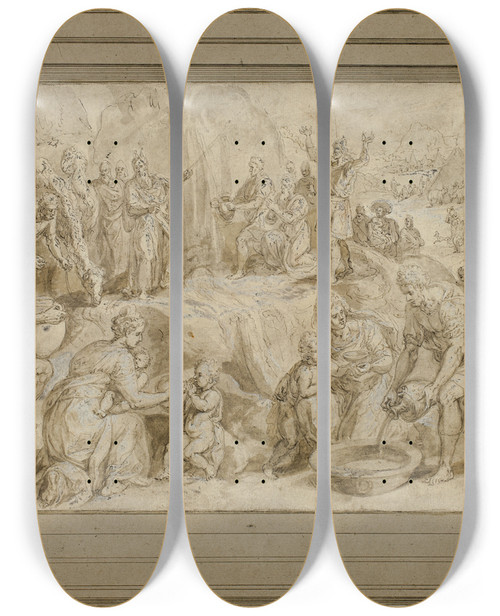 Triptych art skateboard deck of Crispijn Van Den Broeck Moses Striking Water From The Rock by Crispijn Van Den Broeck (1523-1591)