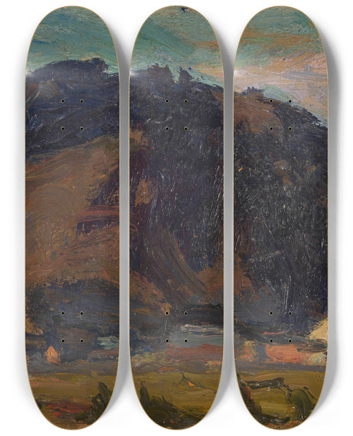 Triptych art skateboard deck of Tadeusz Makowski View Of A Village Against The Background Of A Mountain by Tadeusz Makowski (1882-1932)