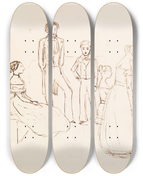 Triptych art skateboard deck of Sir John Everett Millais Sketch Of An Evening Party_1 by Sir John Everett Millais (1829-1896)