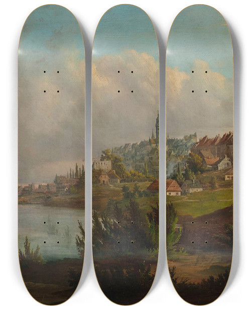 Triptych art skateboard deck of Wojciech Gerson View Of The Old Town And The New Town From North by Wojciech Gerson (1831-1901)