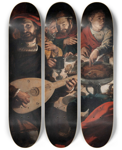 Triptych art skateboard deck of Jan Cornelisz Vermeyen The Marriage At Cana by Jan Cornelisz Vermeyen (1504-1559)