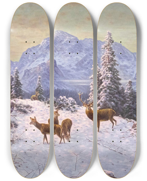 Triptych art skateboard deck of Ludwig Sckell Hirsch Mit Rudel Im Winter by Ludwig Sckell (1833-1912)