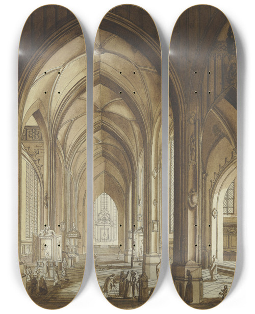 Triptych art skateboard deck of Johann Ludwig Ernst Morgenstern Inneres Einer Dreischiffigen Gotischen Hallenkirche Mit Blick Auf Den Chor by Johann Ludwig Ernst Morgenstern (1738-1819)