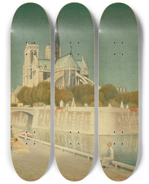 Triptych art skateboard deck of Joseph Edward Southall Notredame And The Seine by Joseph Edward Southall (1861-1944)
