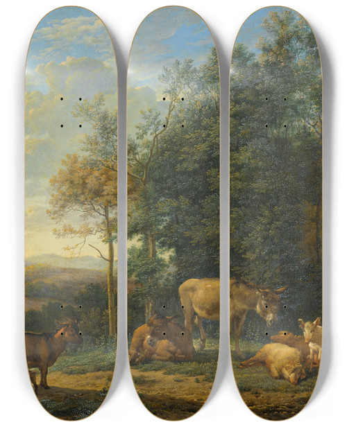 Triptych art skateboard deck of Karel Dujardin Landscape With Two Donkeys Goats And Pigs by Karel Dujardin (1622-1678)