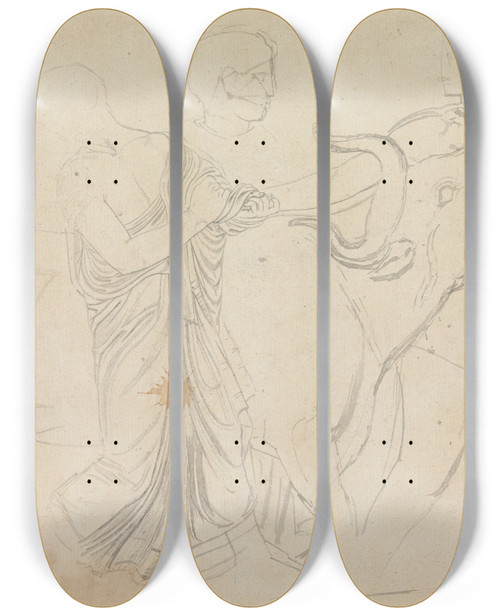 Triptych art skateboard deck of William Pars Figures With A Bull From Parthenon Frieze by William Pars (1742-1782)