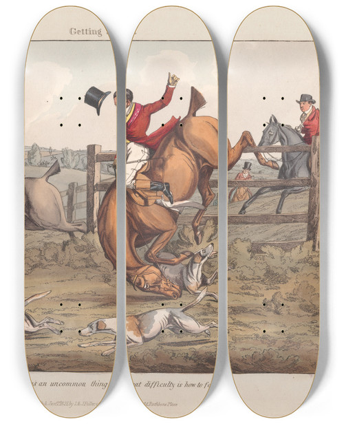 Triptych art skateboard deck of Henry Thomas Alken Foxhunting Some Do And Some Dont It Is All A Notion Getting A Fall by Henry Thomas Alken (1785-1851)