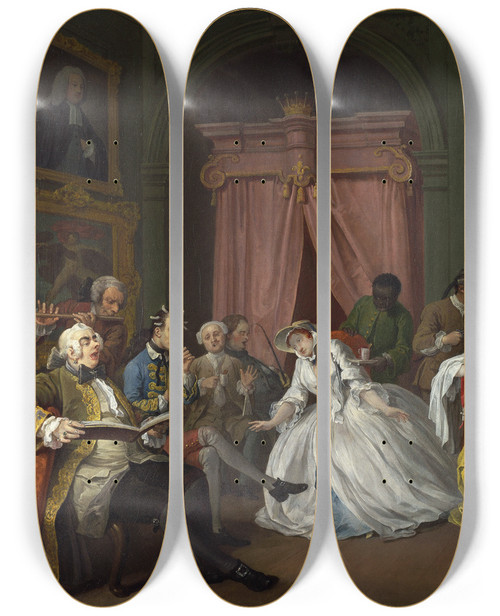 Triptych art skateboard deck of William Hogarth Marriage Alamode 4 The Toilette by William Hogarth (1697-1764)