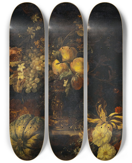 Triptych art skateboard deck of Gaspar Peeter Verbruggen The Younger Still Life With Flowers And Fruit by Gaspar Peeter Verbruggen The Younger (1664-1730)