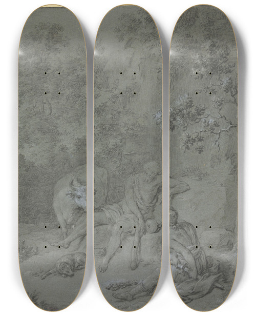 Triptych art skateboard deck of Willem Van Mieris Mercury And Argus by Willem Van Mieris (1662-1747)