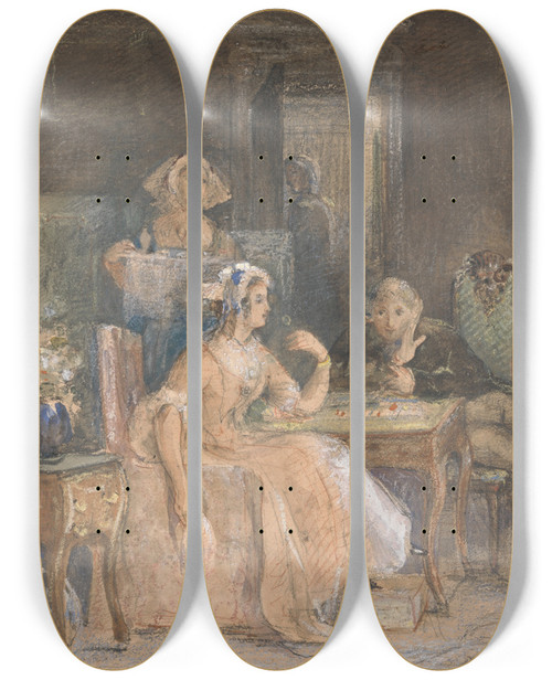 Triptych art skateboard deck of Richard Redgrave The Reduced Gentlemans Daughter by Richard Redgrave (1804-1888)