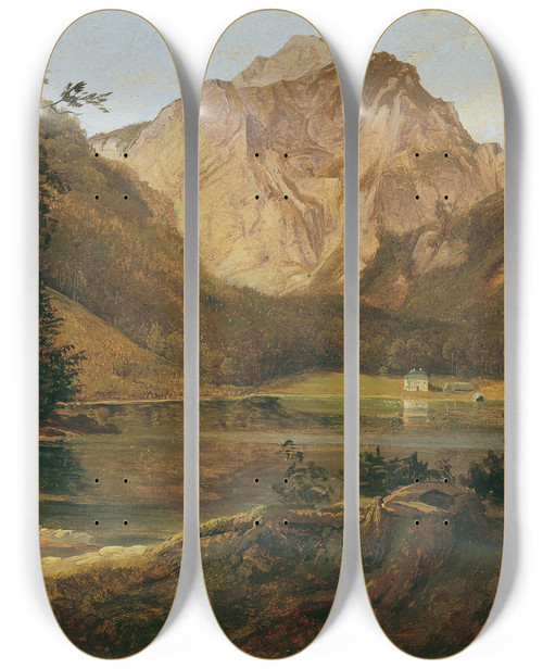 Triptych art skateboard deck of Friedrich August Matthias Gauermann Der Vordere Langbathsee Mit Dem Hllengebirge by Friedrich August Matthias Gauermann (1807-1862)