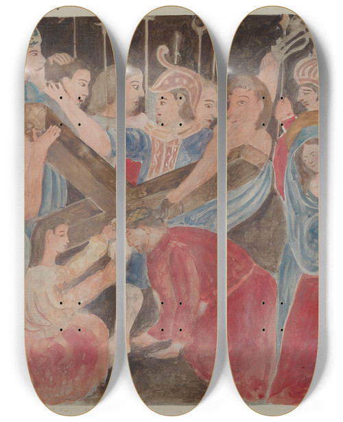 Triptych art skateboard deck of Geoffrey Holt Station Of The Cross No 6 Veronica Renders Service To Jesus by Geoffrey Holt (20-)
