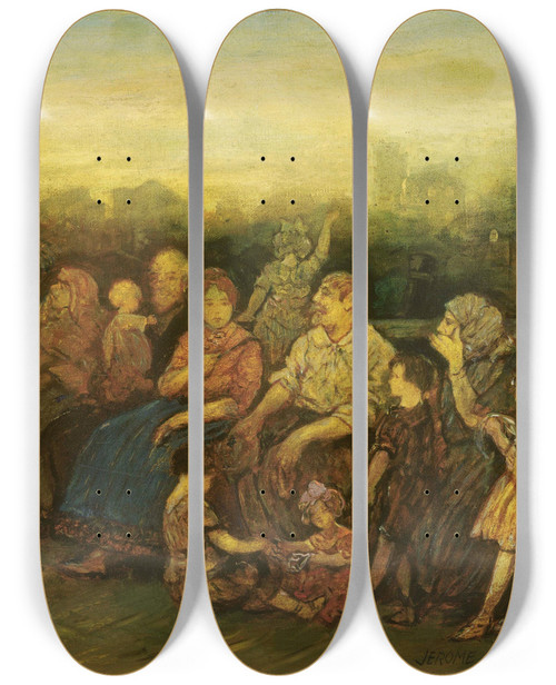 Triptych art skateboard deck of Jerome Myers Evening On The Pier by Jerome Myers (1867-1940)