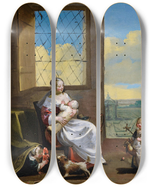 Triptych art skateboard deck of Charles Le Brun The Allegory Of Childhood by Charles Le Brun (1619-1690)