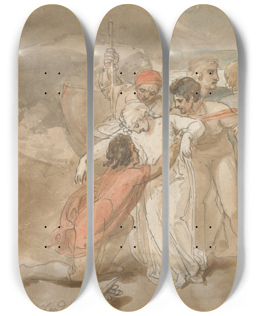 Triptych art skateboard deck of Thomas Stothard A Woman Rescued From The Sea And Assisted Ashore Rowing Boat And Rescuers In Background by Thomas Stothard (1755-1834)