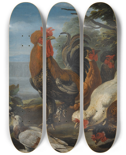 Triptych art skateboard deck of David De Coninck Ducks Guinea Pigs And A Rabbit In A Wooded Landscape Beside A Lake by David De Coninck (1644-1701)