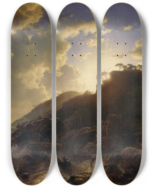Triptych art skateboard deck of Andreas Achenbach Sunset After A Storm On The Coast Of Sicily by Andreas Achenbach (1815-1910)
