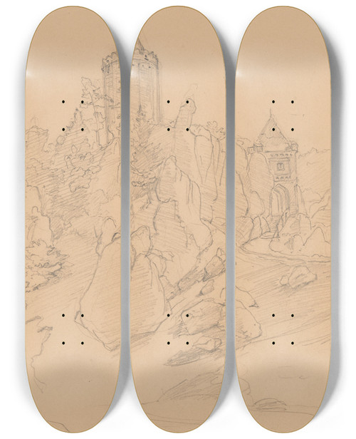 Triptych art skateboard deck of Jzef Simmler View Of The Ruins Of The Castle In Ojcw by Jozef Simmler (1823-1868)