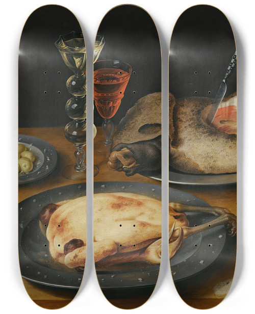 Triptych art skateboard deck of Osias Beert The Elder A Still Life Of A Roast Chicken A Ham And Olives On Pewter Plates With A Bread Roll An Orange Wineglasses And A Rose On A Wooden Table by Osias Beert The Elder (1580-1624)