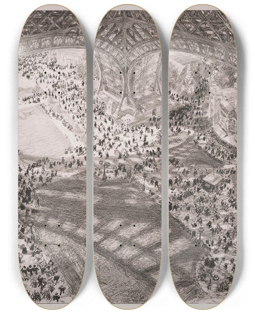 Triptych art skateboard deck of Charles Paul Renouard Vue Prise De La Passerelle Des Cuisines De La Tour Eiffel by Charles Paul Renouard (1845-1924)