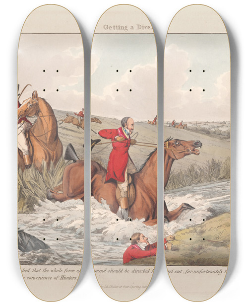 Triptych art skateboard deck of Henry Thomas Alken Foxhunting Some Do And Some Dont It Is All A Notion Getting A Dive by Henry Thomas Alken (1785-1851)