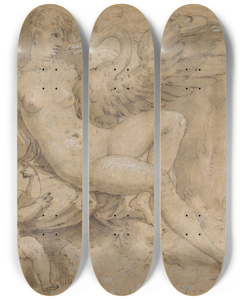 Triptych art skateboard deck of Isaac Oliver Leda And The Swan by Isaac Oliver (1565-1617)