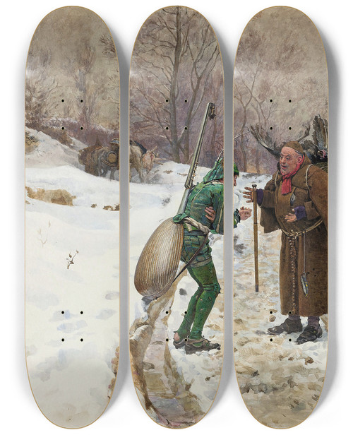 Triptych art skateboard deck of Jehan Georges Vibert The Ant And The Grasshopper by Jehan Georges Vibert (1840-1902)