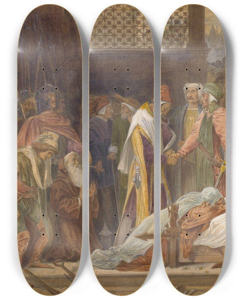 Triptych art skateboard deck of Frederic Leighton The Reconciliation Of The Montagues And The Capulets_1 by Frederic Leighton (1830-1896)