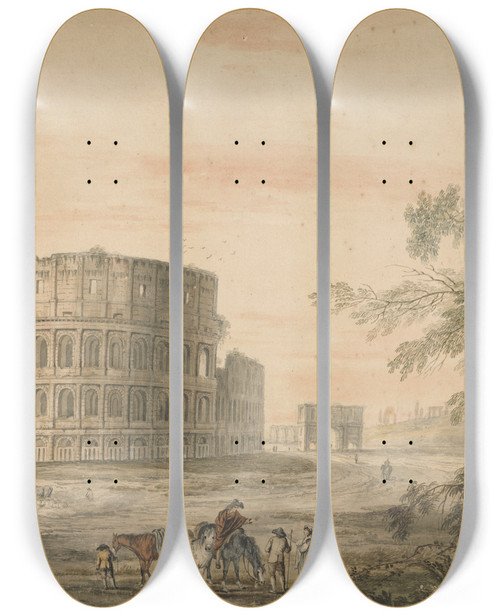 Triptych art skateboard deck of George Robertson Colosseum Rome With Arch To The Left by George Robertson