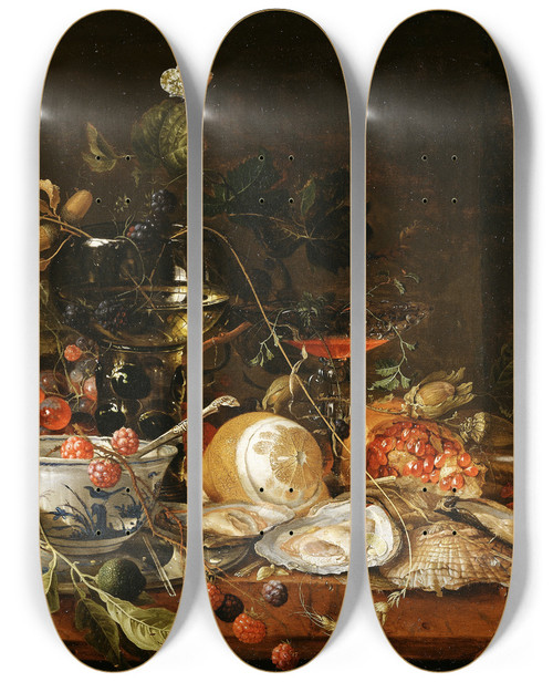 Triptych art skateboard deck of Jan Davidsz De Heem Still Life With Wine Fruit And Oysters by Jan Davidsz de Heem (1606-1684)