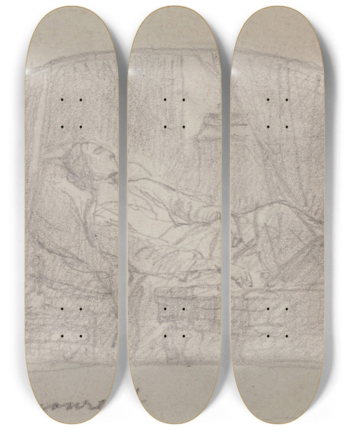 Triptych art skateboard deck of Nicaise De Keyser The Last Moments Of The Composer Carl Maria Von Weber_3 by Nicaise De Keyser (1813-1887)