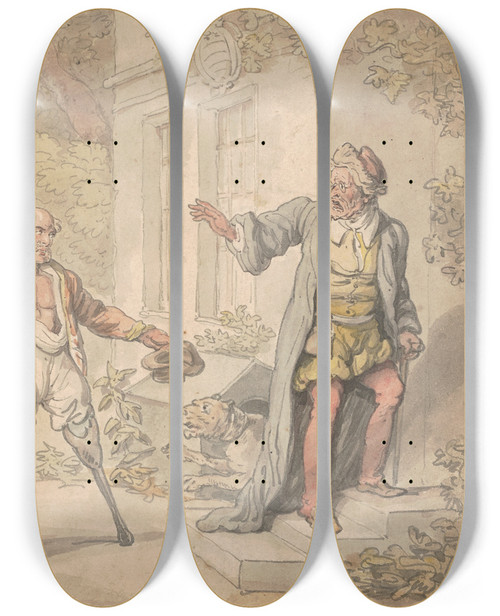 Triptych art skateboard deck of Thomas Rowlandson The Lean Slippered Pantaloon by Thomas Rowlandson (1756-1827)