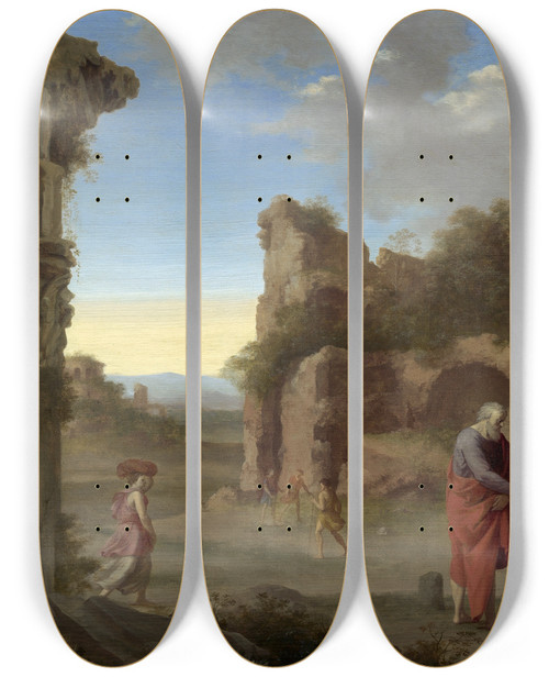 Triptych art skateboard deck of Cornelis Van Poelenburch The Prophet Elijah And The Widow Of Zarephath by Cornelis Van Poelenburch (1594-1667)