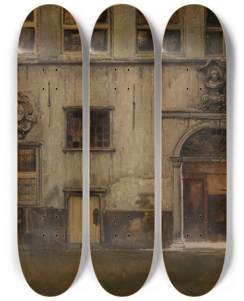 Triptych art skateboard deck of Jan August Hendrik Leys Courtyard Of The House Of Christoffel Plantin by Jan August Hendrik Leys (1815-1869)