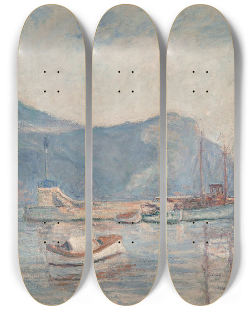 Triptych art skateboard deck of Blanche Hoschedmonet Les Bateaux Au Port by Blanche Hoschede Monet (1865-1947)