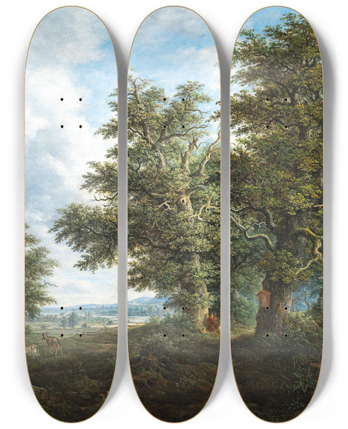 Triptych art skateboard deck of Johann Jacob Dorner A Hilly Landscape With A Traveller Resting Under A Copse Of Oak Trees by Johann Jacob Dorner (1775-1852)