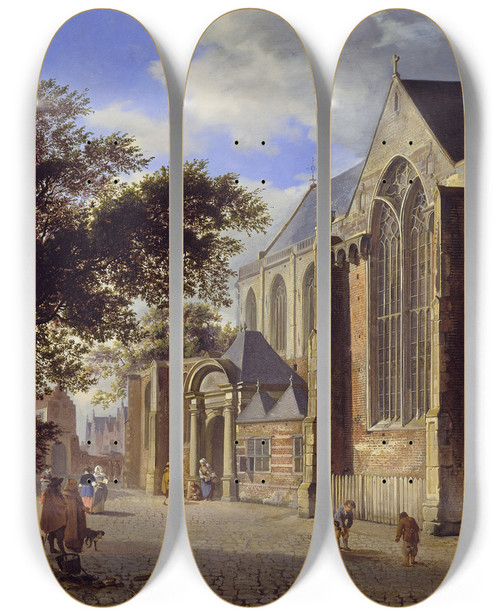 Triptych art skateboard deck of Jan Van Der Heyden Exterior Of A Church by Jan van der Heyden (1637-1712)