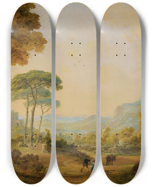 Triptych art skateboard deck of Salvatore Candido View Of The Suburbsof Pausilippo by Salvatore Candido (1814-1869)