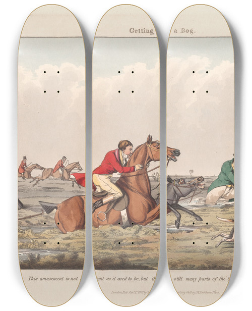 Triptych art skateboard deck of Henry Thomas Alken Foxhunting Some Do And Some Dont It Is All A Notion Getting Into A Bog by Henry Thomas Alken (1785-1851)