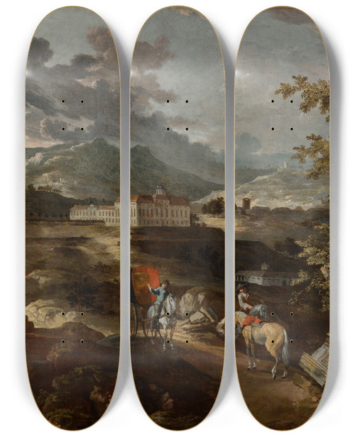 Triptych art skateboard deck of Ignaz Flurer Landschaft Mit Schloss Stattenberg by Ignaz Flurer (1688-1742)