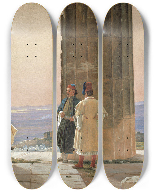 Triptych art skateboard deck of Martinus Rrbye The View From The Temple Of Athena On The Acropolis by Martinus Rorbye (1803-1848)