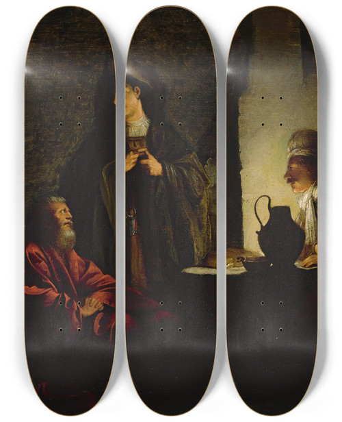 Triptych art skateboard deck of Dirck Dircksz Van Santvoort Joseph In Prison by Dirck Dircksz Van Santvoort (1610-1680)