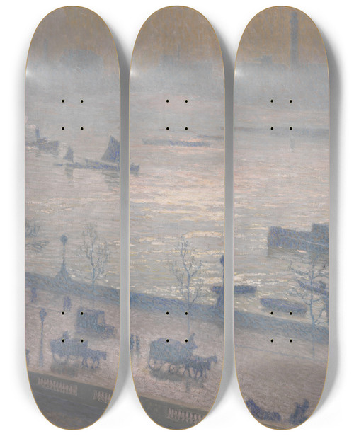 Triptych art skateboard deck of Emile Claus Morning Reflection On The Thames In London by Emile Claus (1849-1924)