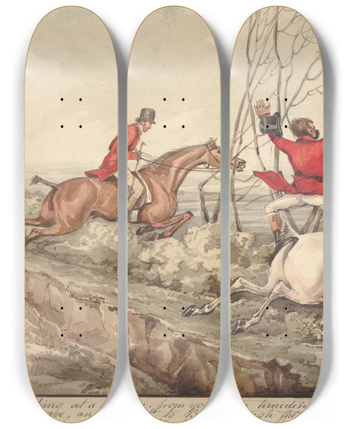 Triptych art skateboard deck of Henry Thomas Alken Qualified Horses And Unqualified Riders Swishing At A Rasper From Your Own Timidity And Mismanagement Cause The Horse To Swerve by Henry Thomas Alken (1785-1851)