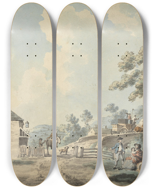 Triptych art skateboard deck of Samuel Howitt The Tollhouse With A Coach Crossing The Bridge by Samuel Howitt (1756-1822)