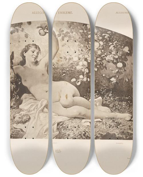 Triptych art skateboard deck of Albert Ilg Allegorien Und Embleme Vol I Pl157 by Albert Ilg (1847-1896)