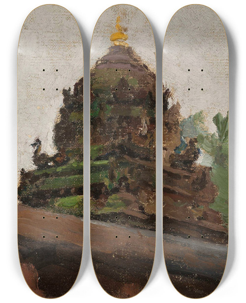 Triptych art skateboard deck of Jan Cigliski Old Temple In Madras From The Journey To India by Jan Ciaglinski (1858-1913)